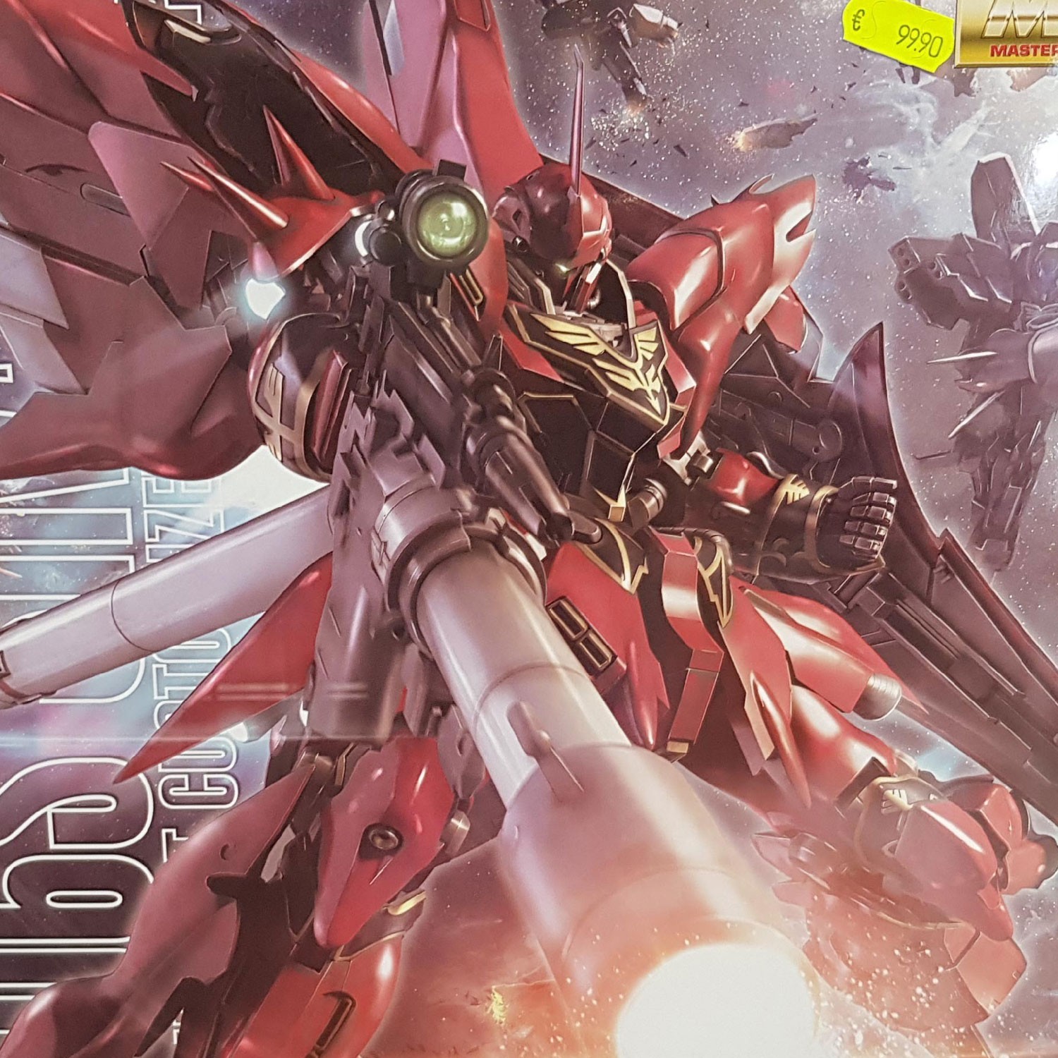 Photographie de la boîte de maquette représentant le MG Sinanju Anime Color, un modèle Gunpla Master Grade 1/100 aux couleurs inspirées de l’anime.